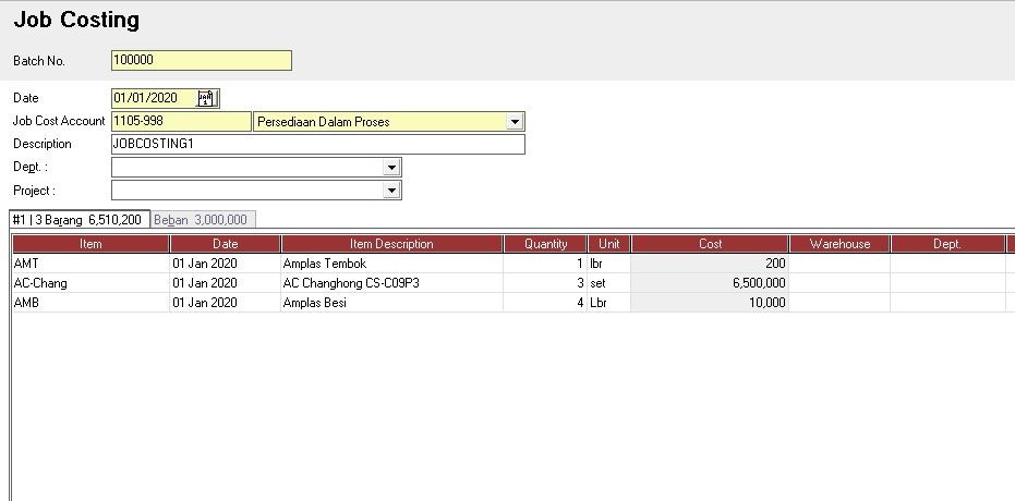 Contoh data Import Job Costing Excel ke ACCURATE yang berhasil